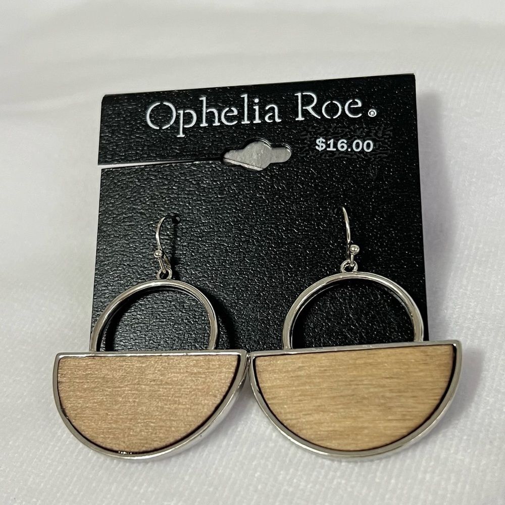 Ophelia Roe Dangle Earrings NEW Wood and Metal Fish Hook Silver Tone